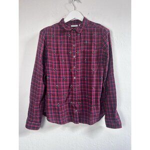 Halogen Womens Embellished Plaid Button Down Shirt Medium Red Jewel Detail NWOT